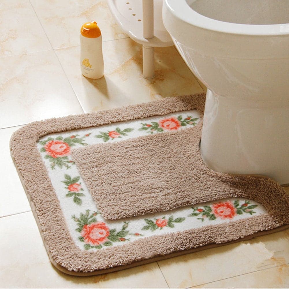 UKELER Luxurious Soft Floral NonSlip Toilet Contour Rug Contour Bath Rug Soft Shaggy UShaped Toilet Floor Mat for Bathroom 20By20 Inch Mocha