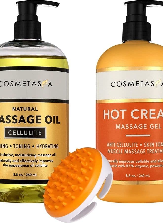 Cellulite Massage Oil, Gel & Mitt - Natural Hot Cream Massage Gel, Oil & Massager - Firm, Tone, Tighten & Moisturize Skin. Soothes Muscles
