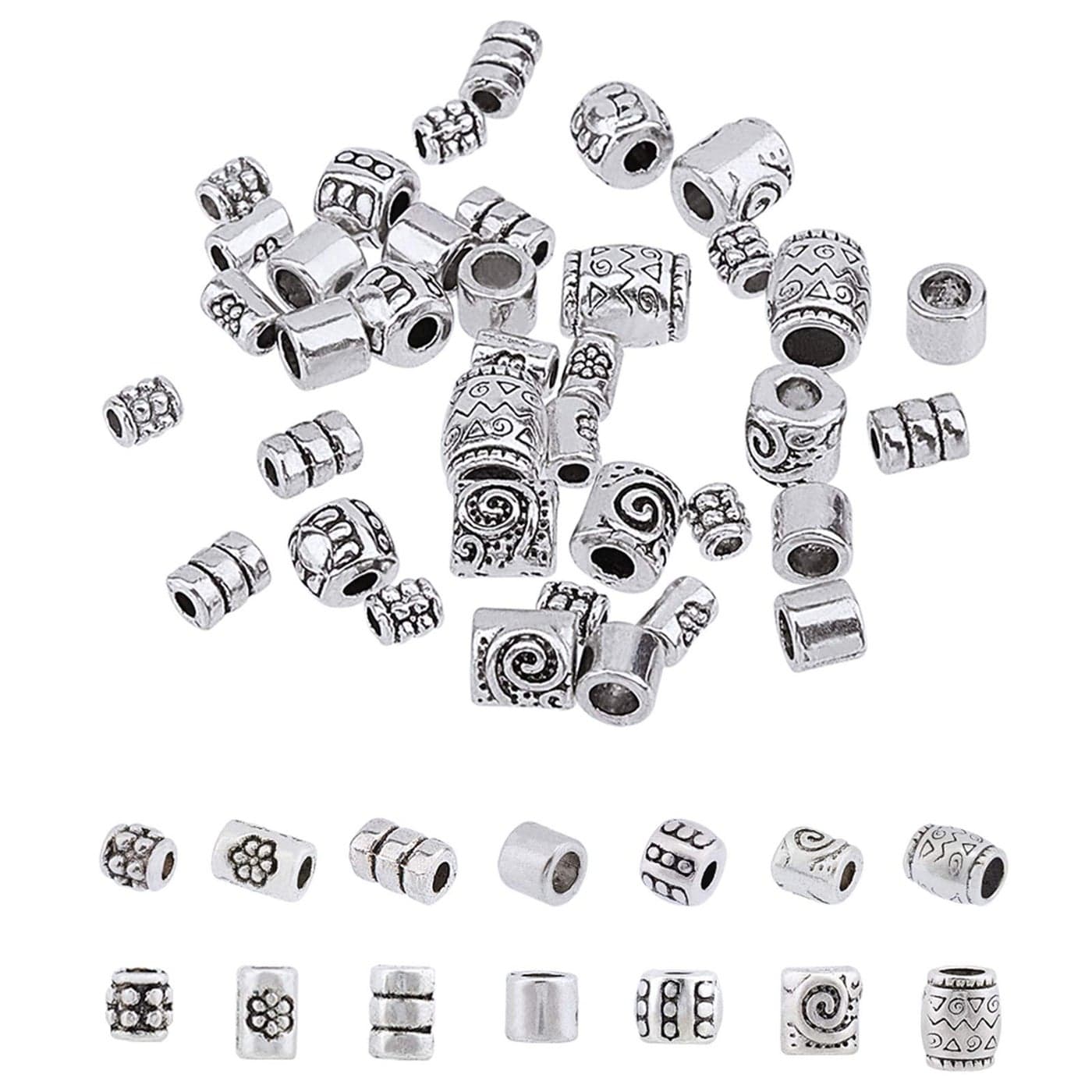 PH PandaHall 260pcs 7 Style Tibetan Spacer Beads Antique Silver Column Alloy Tube Metal Spacers European Large Hole Loose Beads Spacers for Bracelet Necklace Jewelry Supplies Hole 1535mm