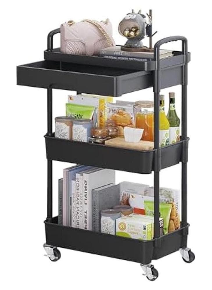3-Tier Rolling Utility Cart with Drawer,Multifunctional Storage Organizer with Plastic Shelf & Metal Wheels,Storage Cart for Kitchen,Bathroom,Living Room,Office,Black-3 Tier