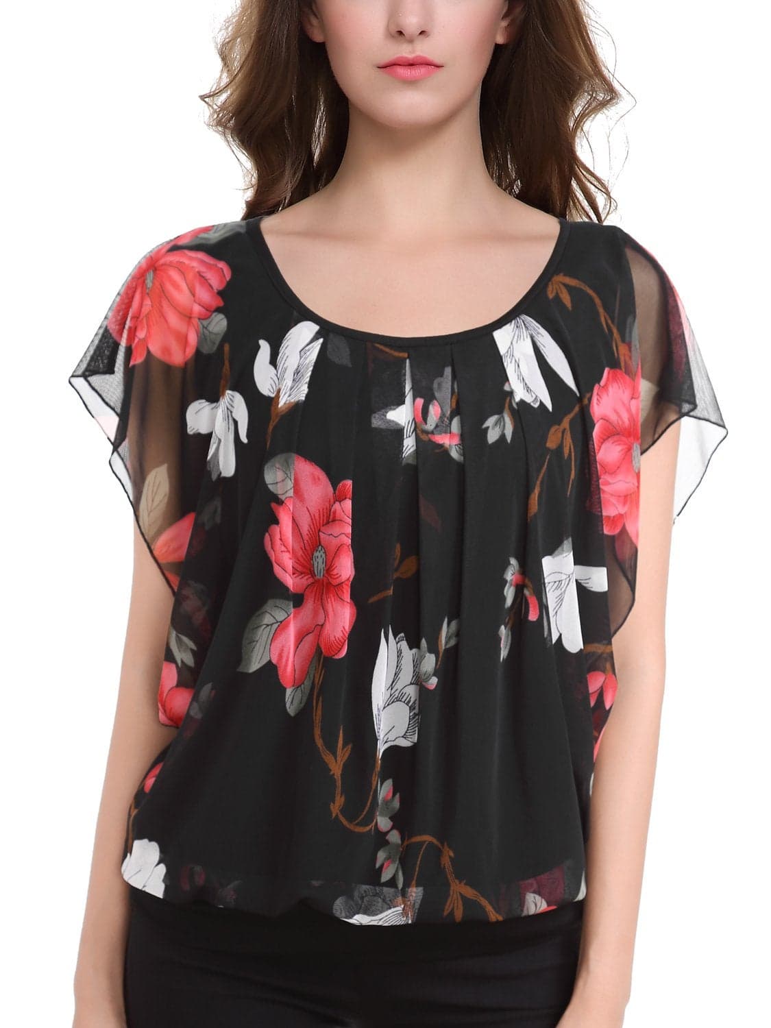 BAISHENGGT Blouses for Women Pleated Front Short Sleeve Mesh Top Large Black