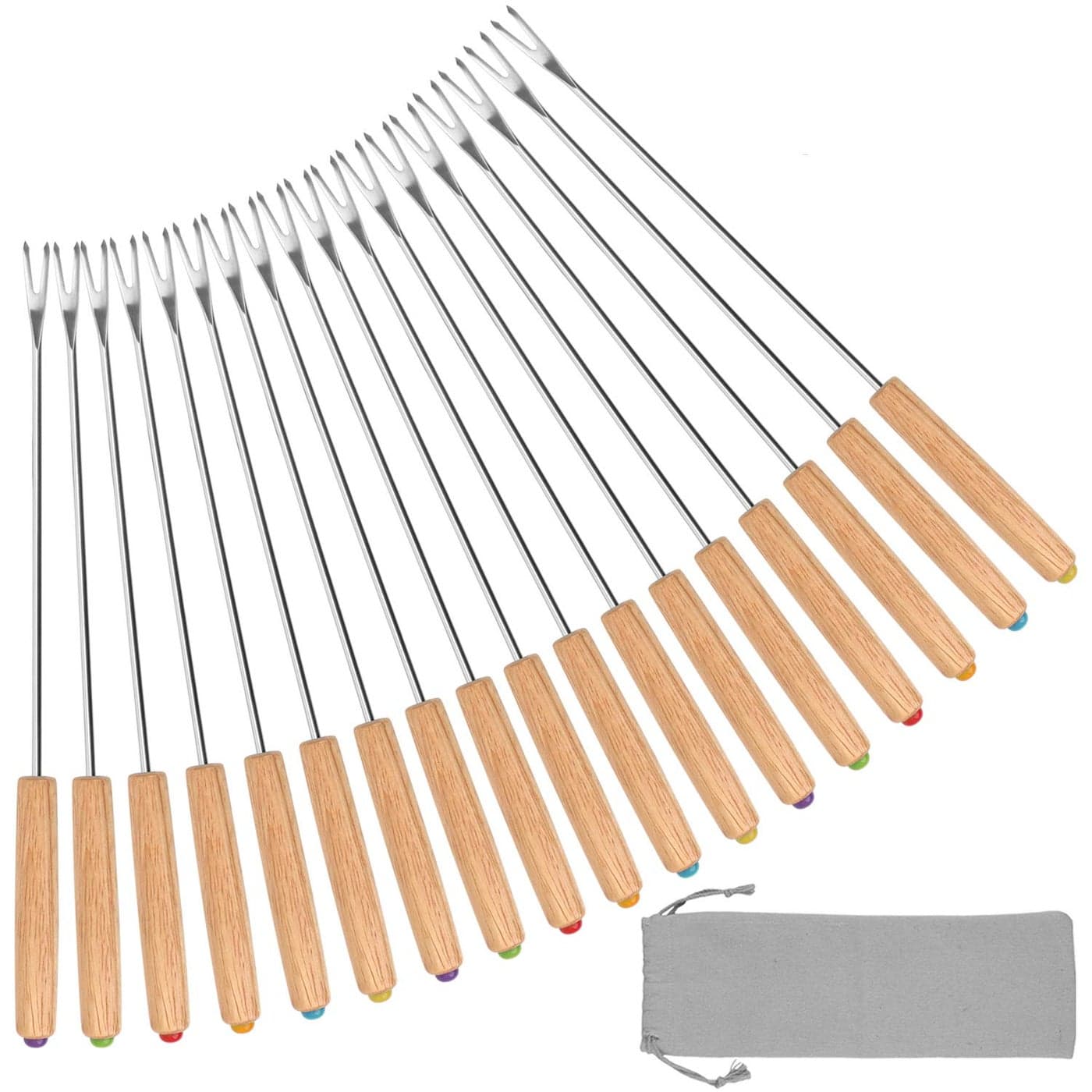 STYDDI Fondue Fork 18Pcs Stainless Steel Color Coding Fondue Forks with Wooden Handle for Chocolate Fountain Cheese Fondue Roast Marshmallows 95 Inch