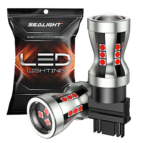 SEALIGHT LED Brake Light Bulbs, 3157 LED Red 3057 4157 T25 3156 Tail Light, Canbus Error Free, 2600 Lumens Red, with Projector Lenses, Plug N Play for Rear Parking Stop Brake Light, Pack of 2