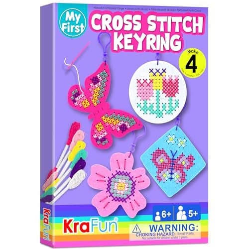 KRAFUN Cross Stitch Kits for Kids Beginners 4 Cross Stitching Keyrings Arts Crafts with Butterfly and Flower Needlepoint Embroidery Kit for Girls 513 Craft Kit Backpack Charms Ornaments