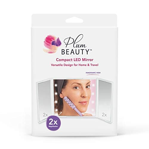 Plum Beauty Compact Trifold LED Rectangular Travel Mirror, White, 1.1"L x 5"W x 7.2"H, Aluminum Frame