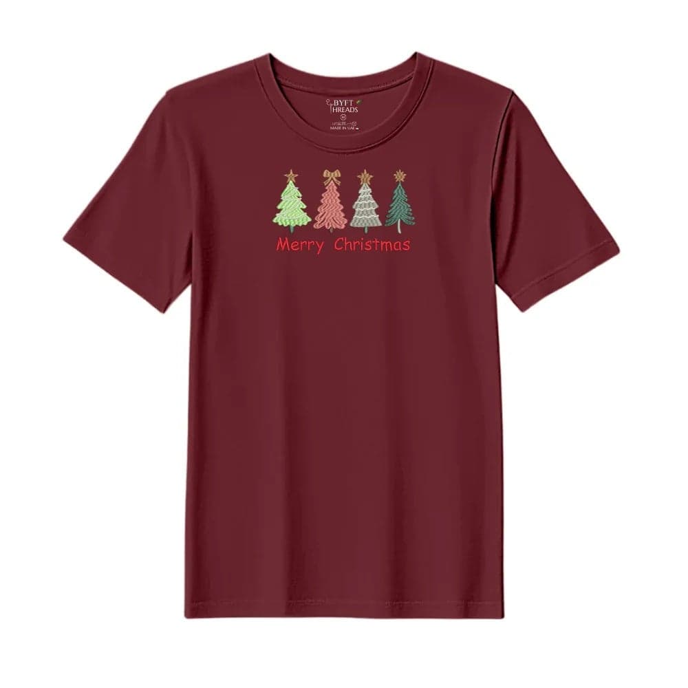 Threads XL Pomegranate Polycotton T-Shirt - Christmas "Merry Christmas Trees (4 Styles)" Embroidered Design, Premium Holiday Collection