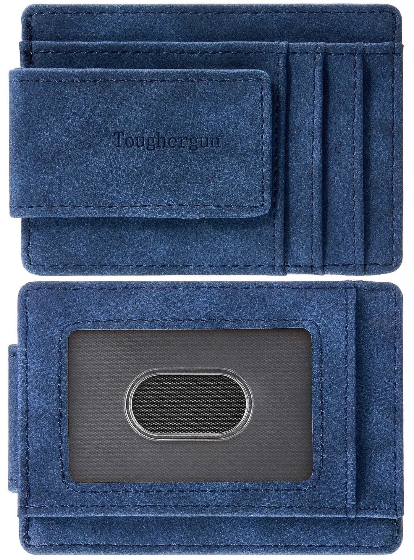 Toughergun Slim Minimalist Wallet for Men with Magnetic Money Clip Leather Wallet, Credit Card Holder RFID Blocking Front Pocket Holds Cash and Cards(Navy Blue)