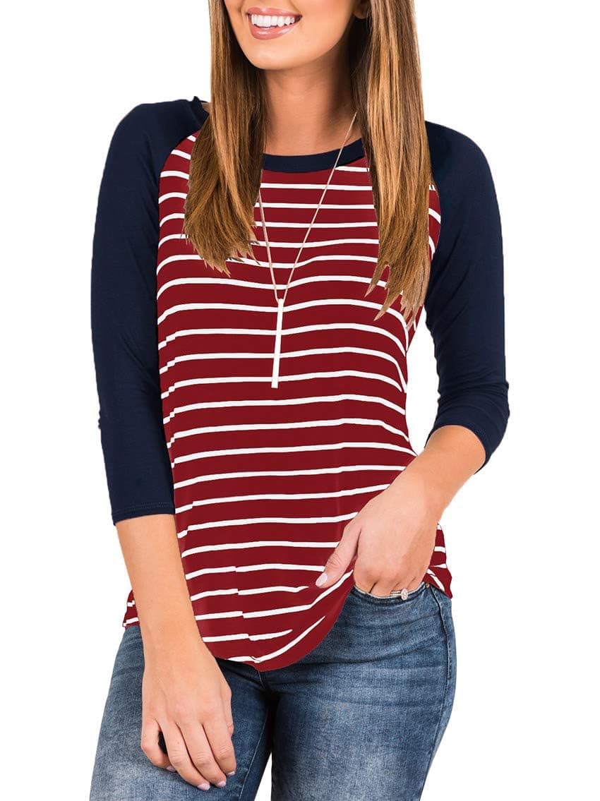 INFITTY Women's 3/4 Sleeve Raglan Striped T Shirt Round Neck Baseball Loose Blouse Tunic Tops Burgundy Large