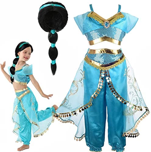 Girls Jasmine Arabian Princess Jasmine Cosplay Costume with Wig Halloween Party Dress Up for Kids 11034T