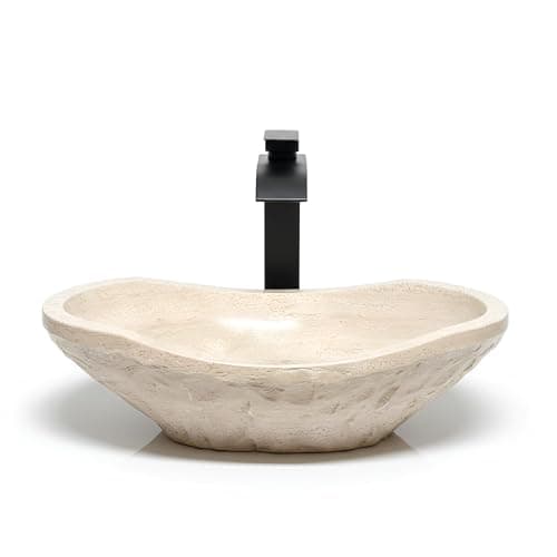 Shades of Nature Oval Travertine Vessel Sink – Natural Stone Wash Basin, Hand-Carved Bathroom Sink with Chiseled Exterior & Polished Interior, Above Counter Vanity Basin (Includes Matching Soap Tray)