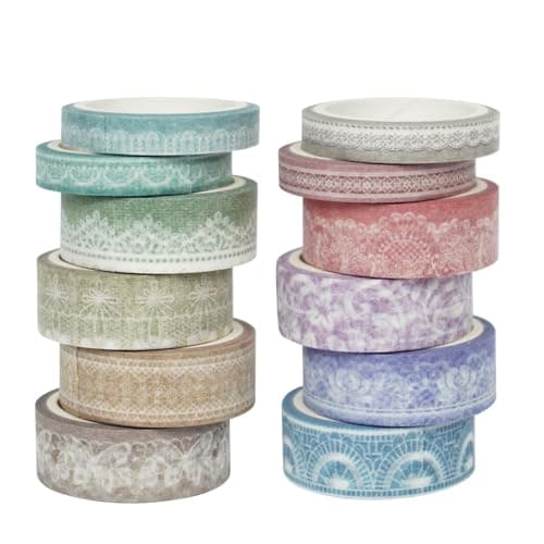 Zellykool Lace Patterns Washi Tape Set 12 Rolls Decorative Paper Sticker for Planner Scrapbook Journal DIY Arts Craft