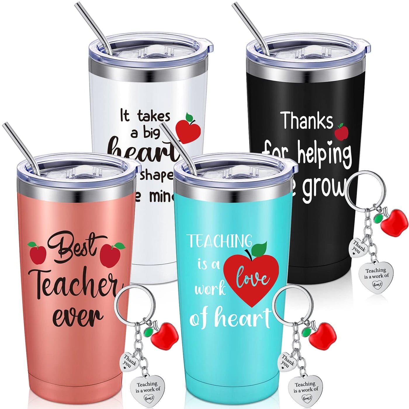 Yinder Valentines Gifts for Teachers Tumbler Set 4pcs Stainless Steel Tumblers with Keychains 12oz Insulated Mugs for Teachers Appreciation Presents Thank You Gifts Bulk Teacher SuppliesApple