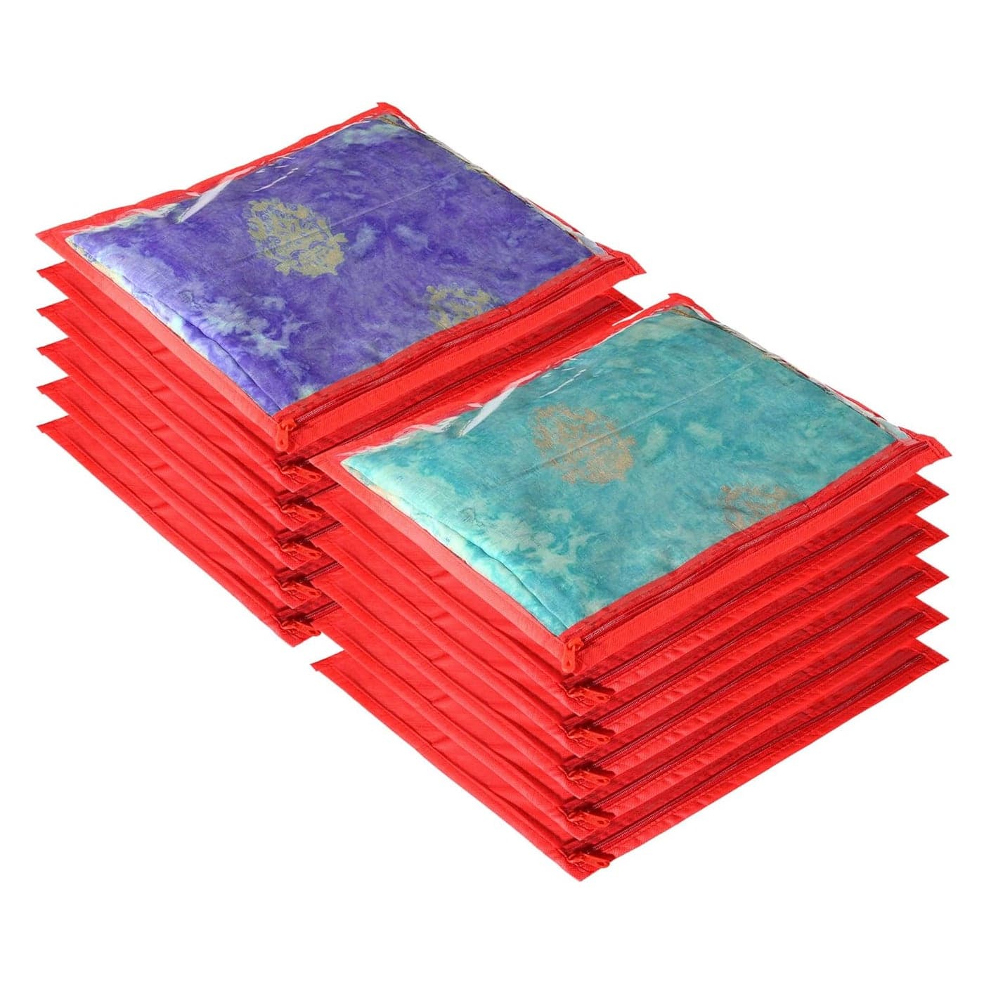 Kuber Industries Clothes Organizer For Wardrobe Pack of 12 Single Storage Organizer For Saree Salwar Suit Lehenga Clothes Dress Organizer For Wardrobe Single Saree Covers With Zip Red