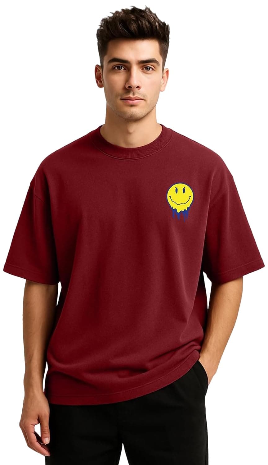 Veirdo® Oversize Loose Baggy Fit Drop Shoulder Cool and Stylish Latest Go Pocket Print Design Brown Half Sleeve T-Shirt for Men (M)