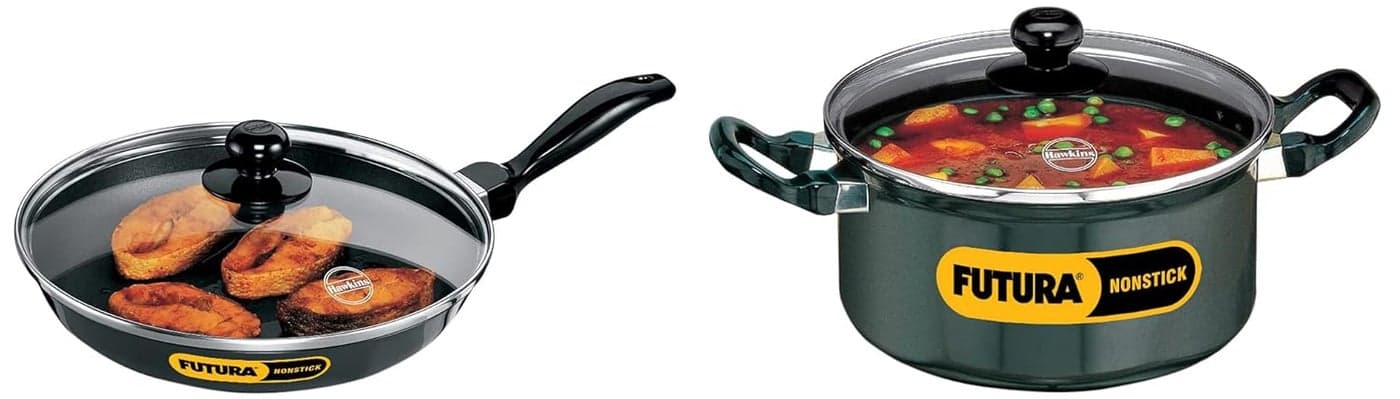 Hawkins Futura Non-Stick Frying Pan with Glass Lid, 1.5 Litres/26cm, Black & Futura Non-Stick Stewpot with Glass Lid, 3 litres Combo