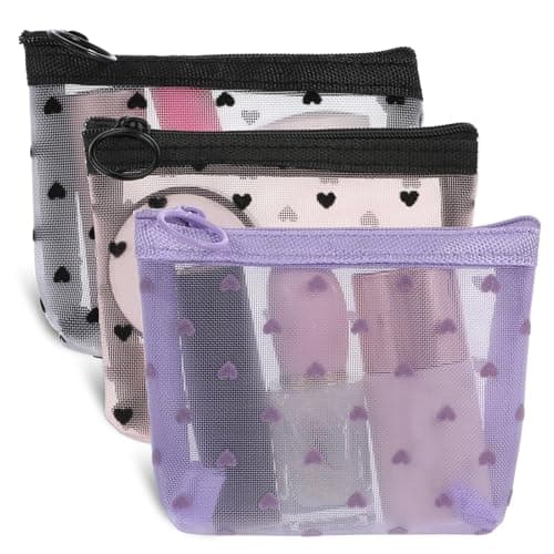 3Pcs Mini Cosmetic Bags, Heart Print Mesh Zipper Bags, Lipstick Accessories Organizer, Makeup Bag for Women, Small Purse Bag (White, Pink, Purple)