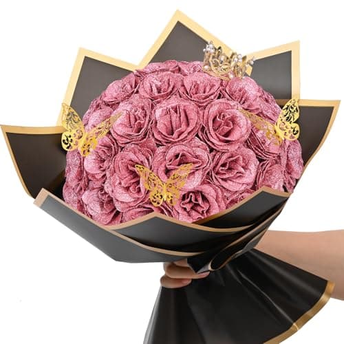 Waipfaru Glitter Roses Bouquet DIY Fake Flowers Bouquet Birthday Gifts for Women Mom 24 Pcs Rose Gold Rose for Wife Girlfriend Valentines Mothers Day Anniversary Graduation