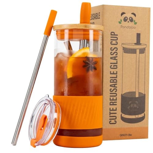 Pandaloo® Glass Cups With Lids and Straws -20 Fl Oz- Perfect Size Iced Coffee Cup - Smoothie Cup With Bamboo Lid and On the go Lid - Glass Tumbler With Straw (1 Count (Pack of 1), Autumn Gold)