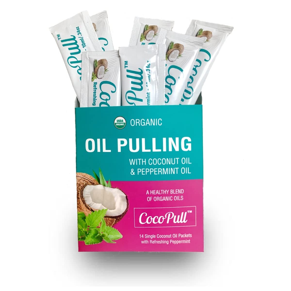 CocoPull Organic Oil Pulling 14 PacketsSachets with Coconut and Peppermint Oil for Healthy Teeth Gums Bad Breath Remedy Natural Teeth Whitening