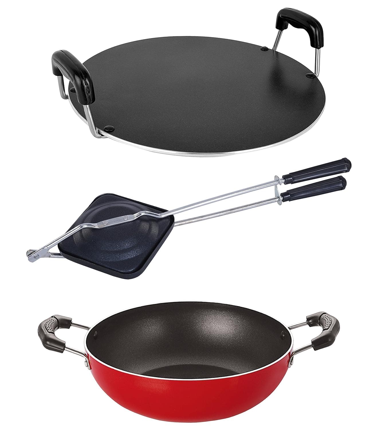 Nirlon Durable 3 Layer Non-Stick Coating Tawa Kadai and Hand Toaster Combo Item Set, 2.6mm_KD10_RT_HT