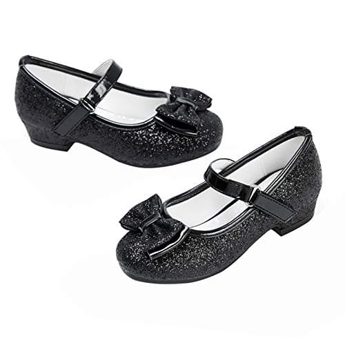 Stelle Girls Dress Shoes Glitter Princess Shoe Flower Mary Jane Low Heels Party Wedding Prom Footwear for Toddler Kids(T08-Black, 13ML)