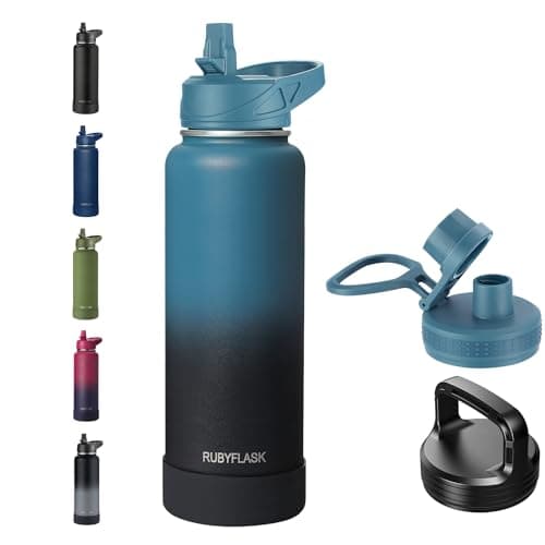 RUBYFLASK 40oz Insulated Water Bottle with Straw Stainless Steel Metal Vacuum Water Flask Large Thermos Water bottle with Leakproof 3 Lids for Travel Camping Gym Sports Indigo Black