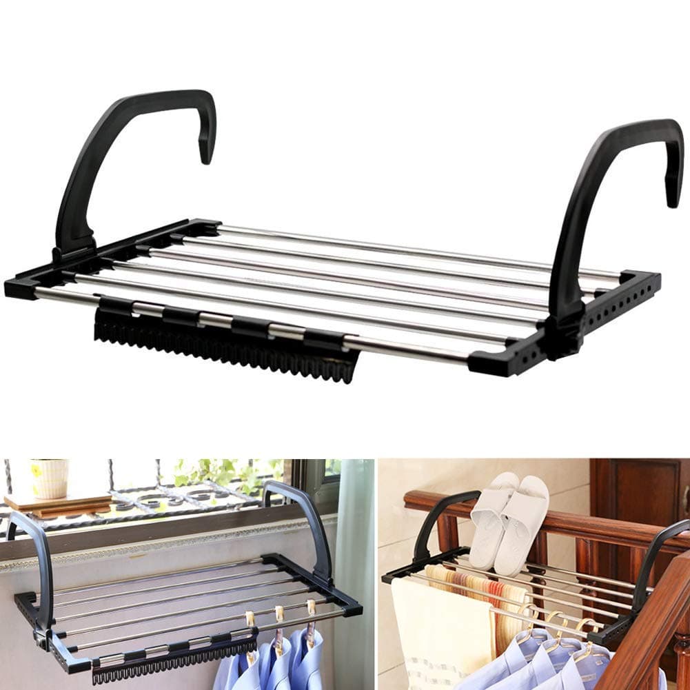 Stainless Steel Foldable Cloth Drying Rack Rail Bar Holder Cloth Multipurpose Dryer Stand Shoe Socks Towel Hanging Clothes Drying Rack for Balcony Windows Adjustable Cloth Hanger