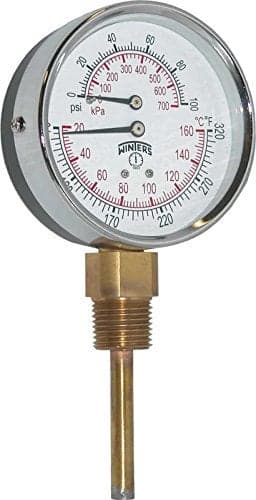 Winters TTD Series Steel Dual Scale Tridicator Thermometer with 2" Stem, 0-100psi/kpa, 3" Dial Display, ±3-2-3% Accuracy, 1/2" NPT Bottom Mount, 70-320 Deg F/C