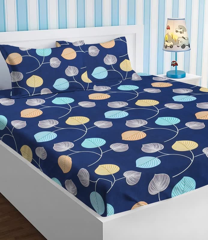 BSB HOME Glace Cotton Double Bedsheets with 2 Pillow Covers Double Bed Breathable Wrinklefree Ultrasoft 180 TC Supersoft 90x90 Inches 7x75ft Dark Blue Light Blue