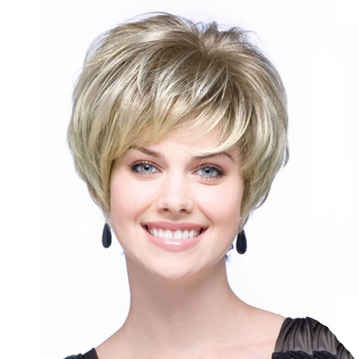 GNIMEGIL Short Blonde Pixie Cut Wigs for White Women with Bangs Dark Roots Old Lady Wig Natural Synthetic Ombre Layered Hairstyles Cosplay Costume Party Halloween Daily Use