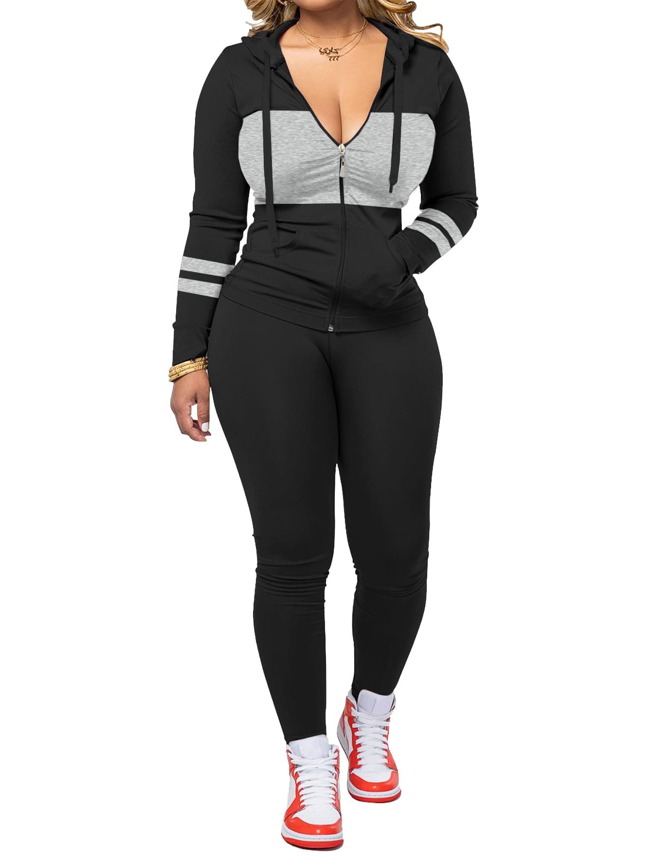 AUXDIO Women 2 Piece Outfits Color Block Casual Workout Sets Bodycon Tracksuit Zip Up Long Sleeve Hoodle Jacket Jogger Set Black L
