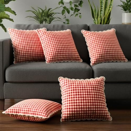 Sleepy Threads Red & White Checkered Square Cotton Cushion Cover - Pack of 5 | 16x16 Inch/40x40cm | Throw with Hidden Zipper Handcrafted Crochet Border for Living Room, Bedroom, Deewan, Couch