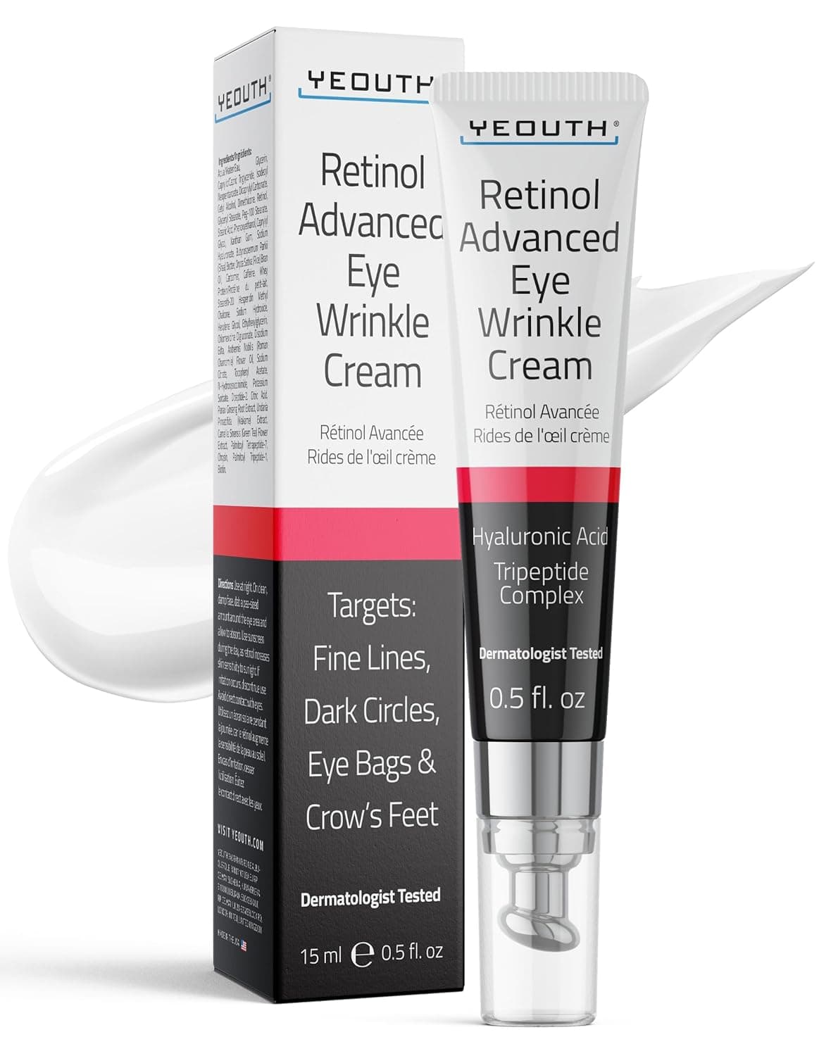 YEOUTH Retinol Eye Cream Anti Aging Firming Under Eye Cream for Puffiness and Bags Under Eyes for Wrinkles and Dark Circles with Hyaluronic Acid and Tripeptides 15ml