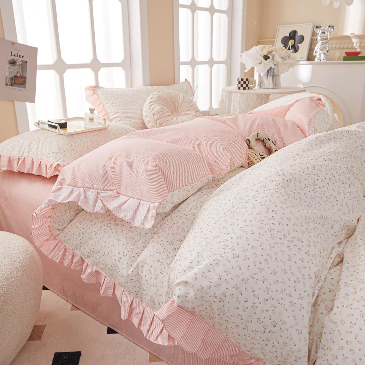 Pink Floral Duvet Cover King Chic Flower Print Ruffle Duvet Cover Cotton Lace Comforter Cover Country Style Floral Bedding Set Girls Ruffle Comforter Cover Flower king Duvet Cover with 2 Pillowcases