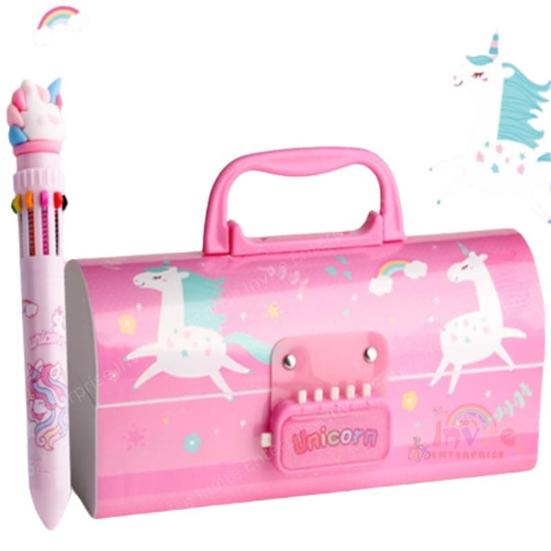 Rahasya Enterprise Plastic Pencil Case With Code Lock - Kids Style Multi-Layer Pencil Box For Boys & Girls (Unicorn Pink)