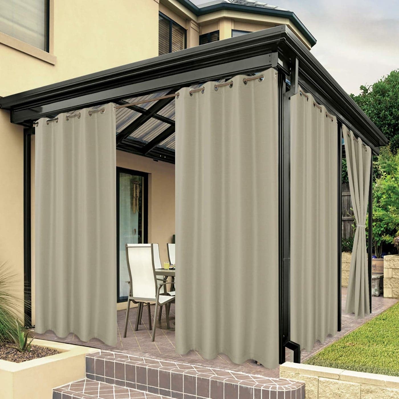 BONZER Waterproof Outdoor Curtains for Patio Porch Pergola Cabana Sunlight Blocking Privacy Grommet Indoor Curtain Panels for Bedroom Living Room 1 Panel 54W x 84L inch Taupe