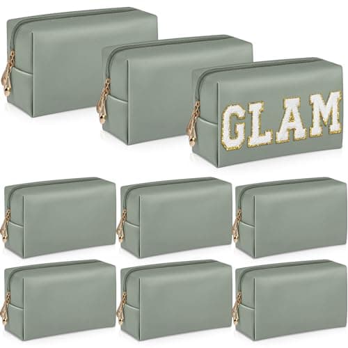Sanwuta 9 Pcs Makeup Bags Bulk PU Double Zippers Cosmetic Bag Makeup Toiletry Small Pouch Portable Travel Organizers Case for Women Bridesmaid Proposal Gifts(Dark Green)