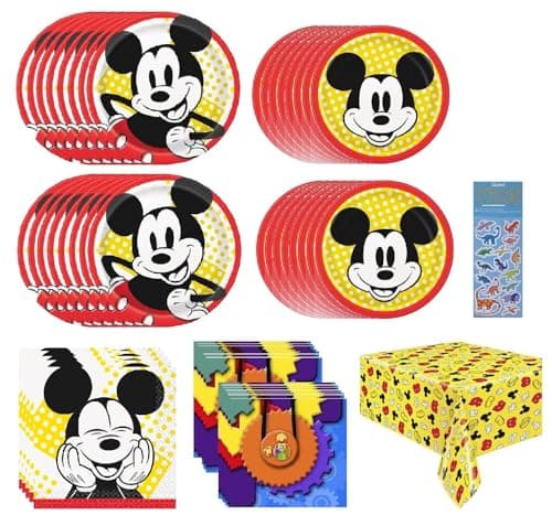 Mickey Mouse Birthday Party Supplies Decoration Bundle includes 16 Dessert Cake Paper Plates 7 16 Lunch Dinner Plates 9 32 Napkins 1 Table Cover Bundle for 16
