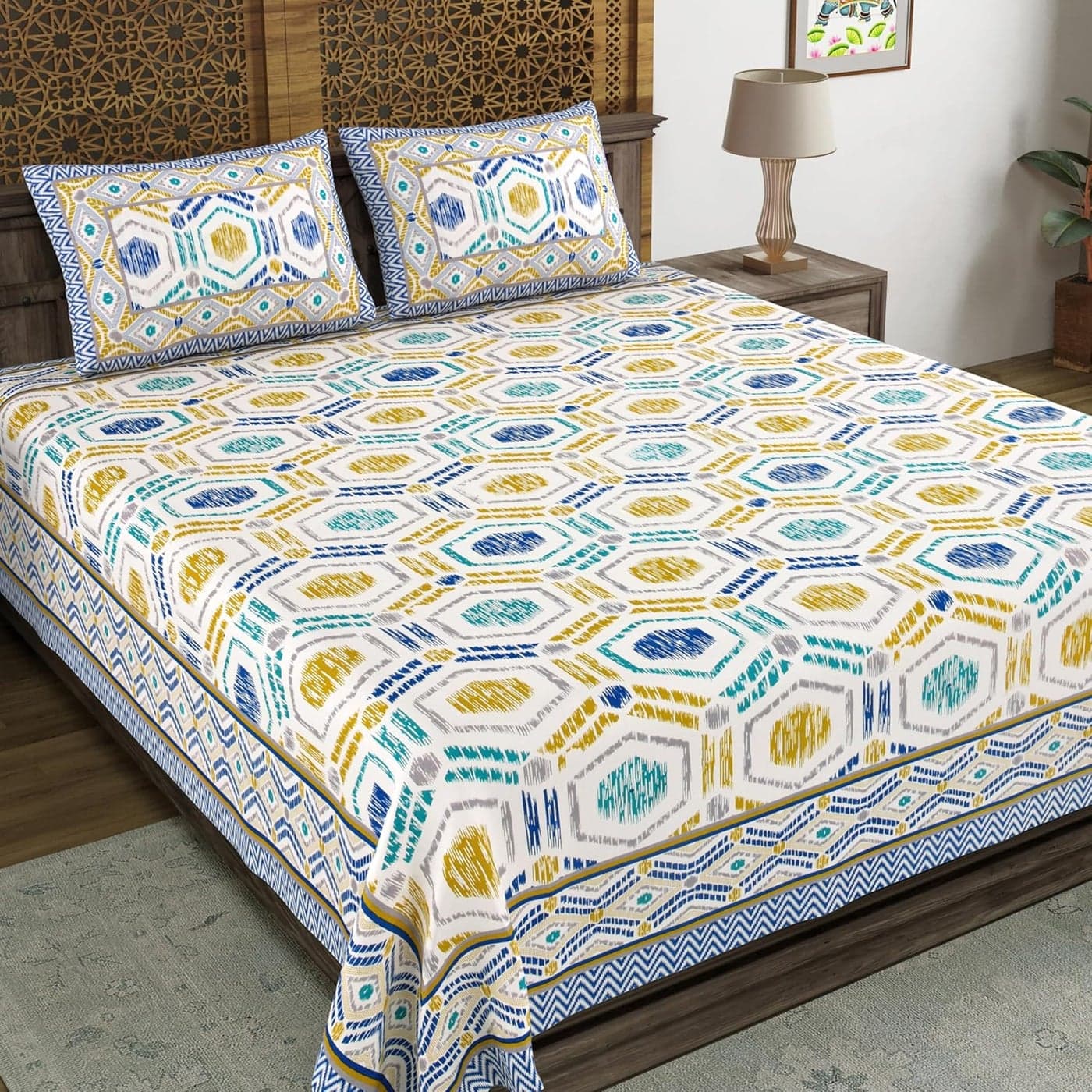 BLOCKS OF INDIA Hand Block Print Cotton King Size Bedsheet 90 X 108 INCH Blue Ikat