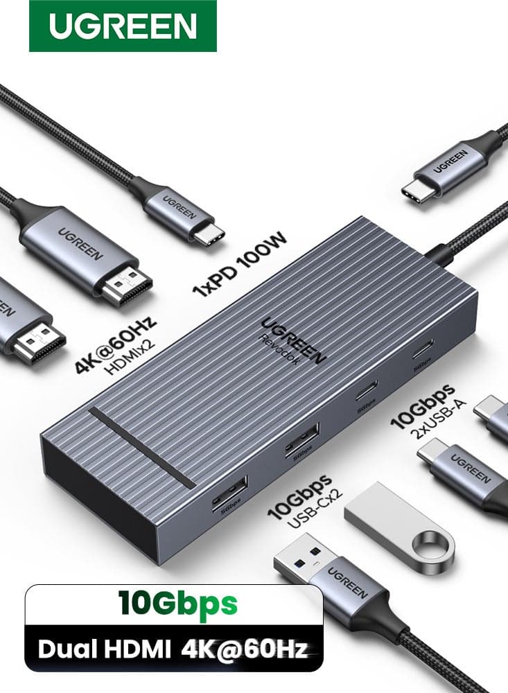 Dual HDMI 4K@60Hz 7 in 1 USB C Hub Type C Docking Station 10Gbps Data Transfer for 2 USB C + 2 USB A 3.2, 100W Super Fast Charging LED Indicator Suitable for Windows and Mac System For Macbook Pro grey