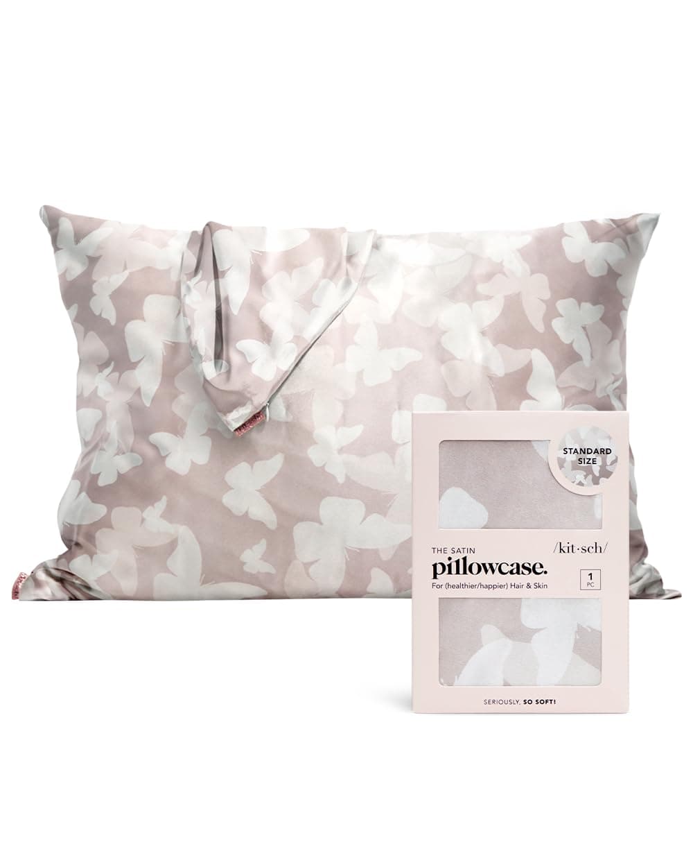 Kitsch Satin Pillowcase with Zipper for Hair & Skin, Softer Than Silk Pillow Cases Queen, Wrinkle-Free, Smooth and Cooling Satin Pillow Covers, Standard Size 19"x26", Champagne Butterfly