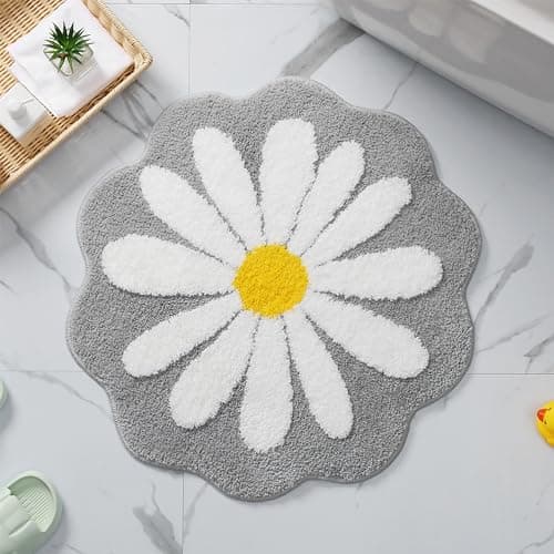 Cute Bath Mat,Pink Flower Rug,Water Absorption Non Slip Mat,Soft Machine Wash Rug Mat for Bedroom Kitchen Bathroom Toilet Floors 25.6 x 25.6 Inches (Grey)