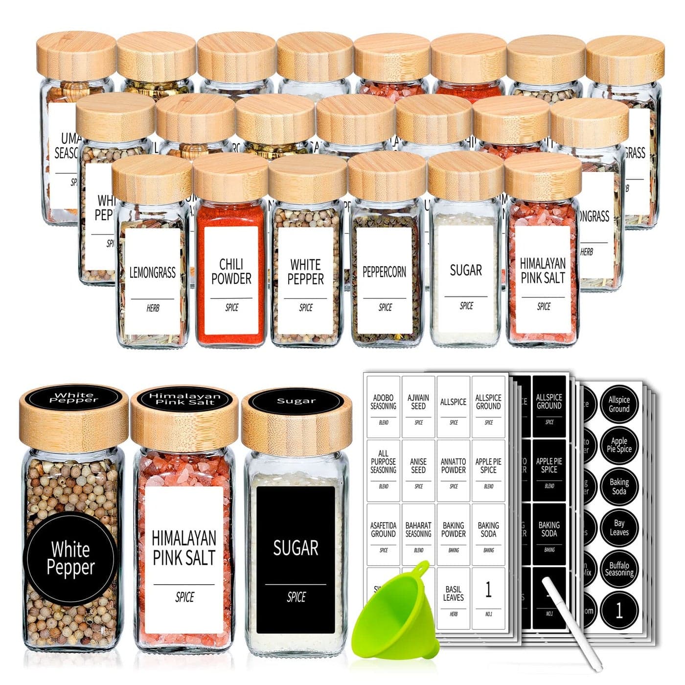 Churboro 24 Spice Jars with Labels Bamboo Lids 4 Oz Glass Containers with Shaker Lids 547 Spice Labels of 3 Different Types Seasoning Jars for Spice Rack Cabinet or Drawer