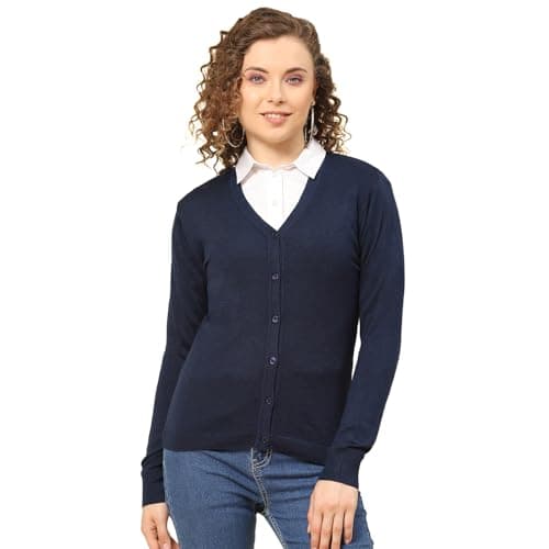 Monte Carlo Womens Solid Navy Blue V Neck Full Sleeve Cardigan (1242738VN-9068-38)