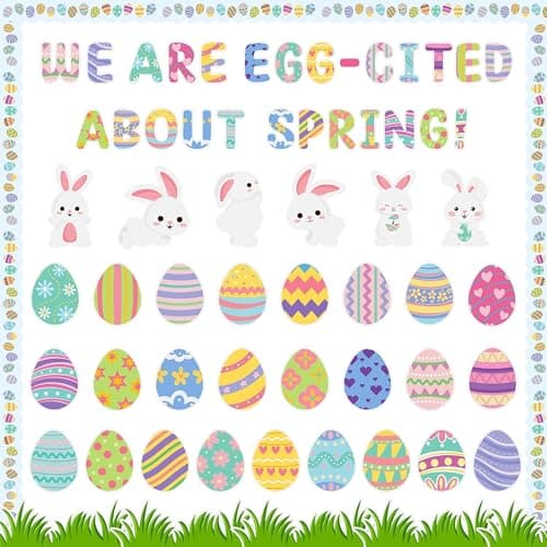 AsodSway Bunny Egg Bulletin Board Cutouts 139Pcs Back to School Egg Bunny Cutouts Classroom Decorations Contain First Day of School Grass Border with We are Egg Cited About Character Happy Gifts