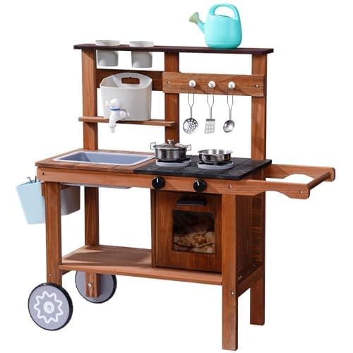 ROBOTIME Mud Kitchen for Kids Outdoor with Wheels Fun Wooden Kid Kitchen Playset for Backyard Pretend Cooking Outdoor Sink Storage Role Play Toy for Boys and Girls Ages 3