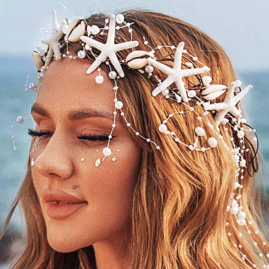 Unicra Starfish Headband Pearl Bride Wedding Hair Vine Shell Bridal Headpiece Beach Hair Accessories for Women and Girls White Brown Free Size