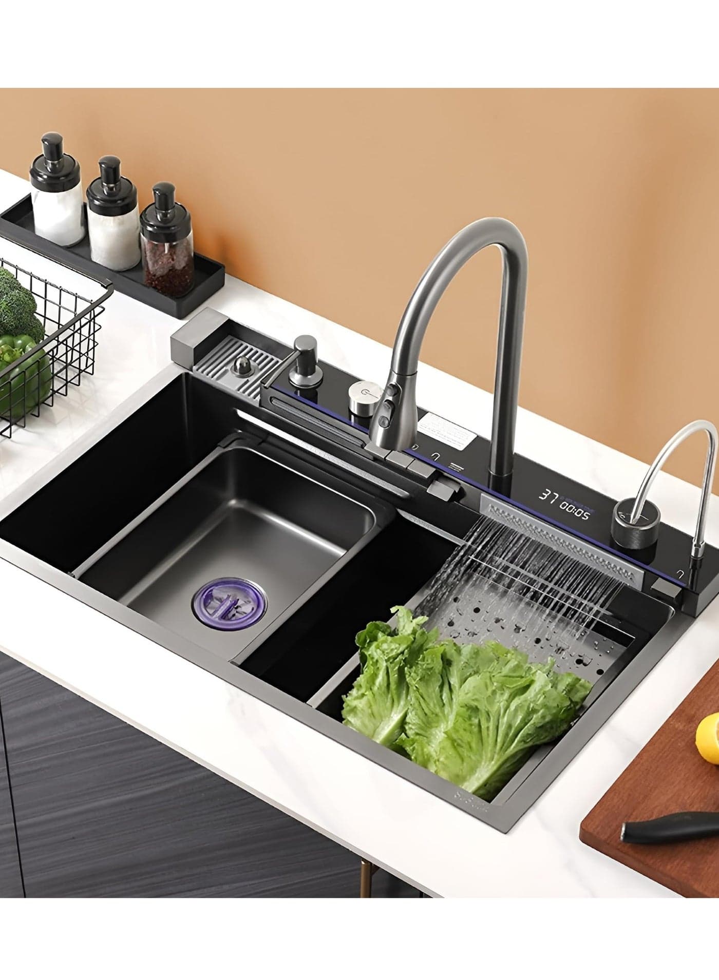 Kitchen Sink with 5-Piano Switch|304 Grade Stainless Steel Sink with Waterfall&Pull-down Faucet|LED Digital Display & RO Tap|360° Pull-out Faucet|Hot & Cold Control Handwheel
