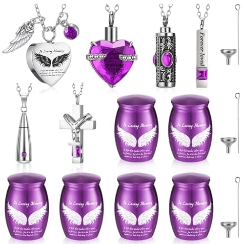 Ecation 12 Set Small Urn Cremation Jewelry Necklaces for Ashes Stainless Steel Keepsake Urns Memorial Locket Mini Ash Holders Waterproof for Human Adult Female Male Family Loved One (Purple)