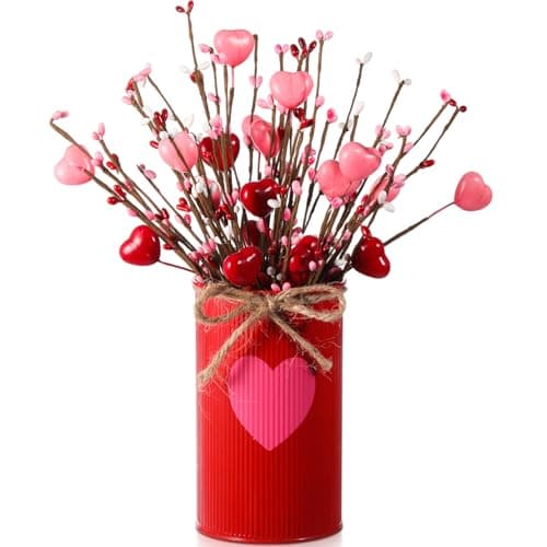 SiliFine Valentine's Day Table Centerpiece Decor Romantic Artificial Flower Stems Floral Heart Shaped Berry Picks with Metal Pots for Wedding Party Hotel Office Home Decoration (Red and Pink)